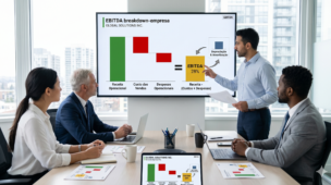 Esta imagem apresenta uma cena de apresentação corporativa detalhada, focada na explicação financeira do EBITDA