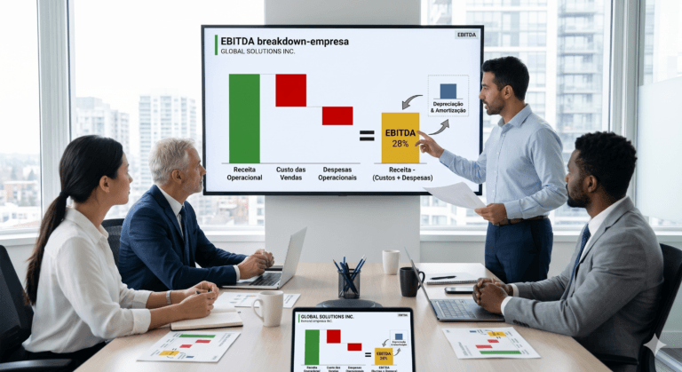 Esta imagem apresenta uma cena de apresentação corporativa detalhada, focada na explicação financeira do EBITDA