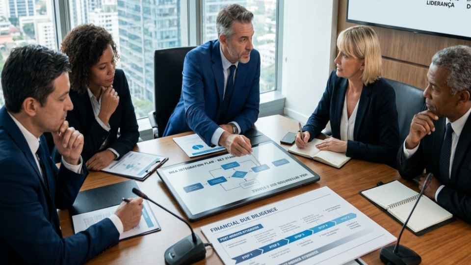 Esta imagem ilustra uma reunião estratégica de alta cúpula, focada na liderança executiva durante processos de fusões e aquisições (M&A).