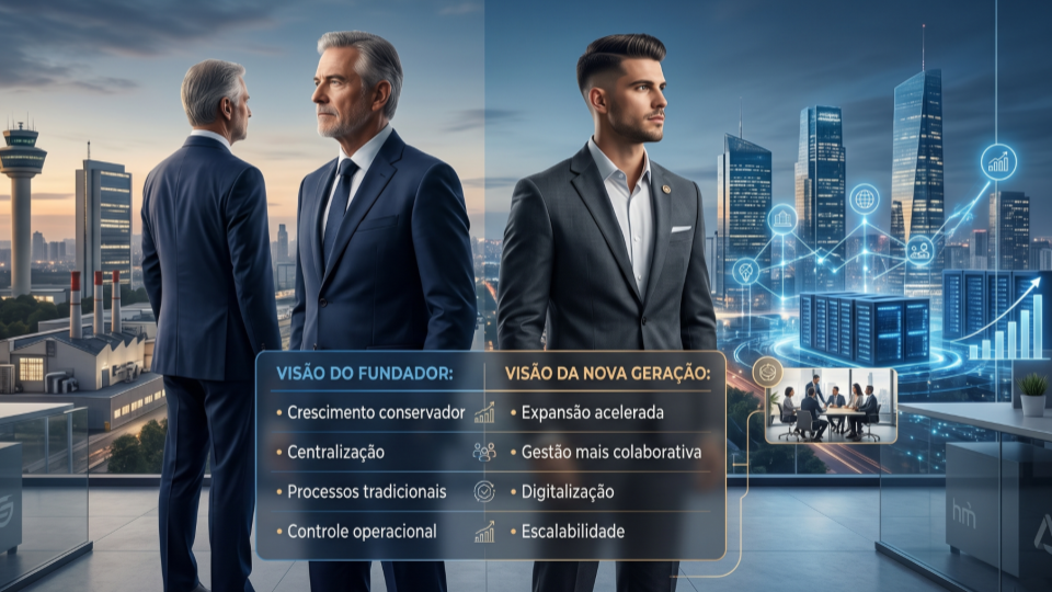 Dois gestores de gerações diferentes observando o futuro em um ambiente corporativo moderno. À esquerda, um fundador com postura tradicional representa crescimento conservador, centralização, processos tradicionais e controle operacional. À direita, um gestor mais jovem simboliza expansão acelerada, gestão colaborativa, digitalização e escalabilidade. A arte transmite sucessão empresarial, continuidade e equilíbrio entre tradição e inovação.