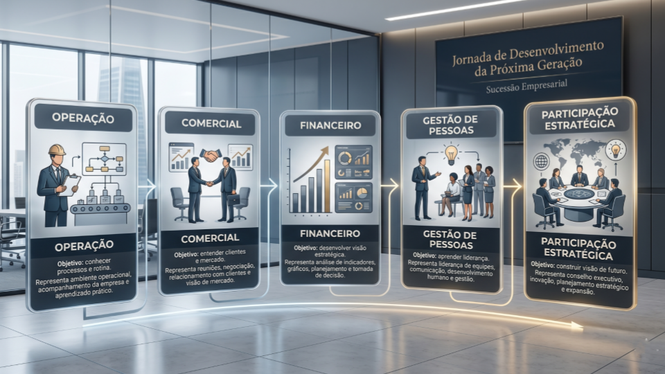 Arte corporativa mostrando uma jornada de desenvolvimento de sucessores dentro da empresa. O design apresenta cinco etapas conectadas visualmente: operação, comercial, financeiro, gestão de pessoas e participação estratégica. Cada fase representa o desenvolvimento de competências para preparar a próxima geração para liderança e visão de futuro empresarial.