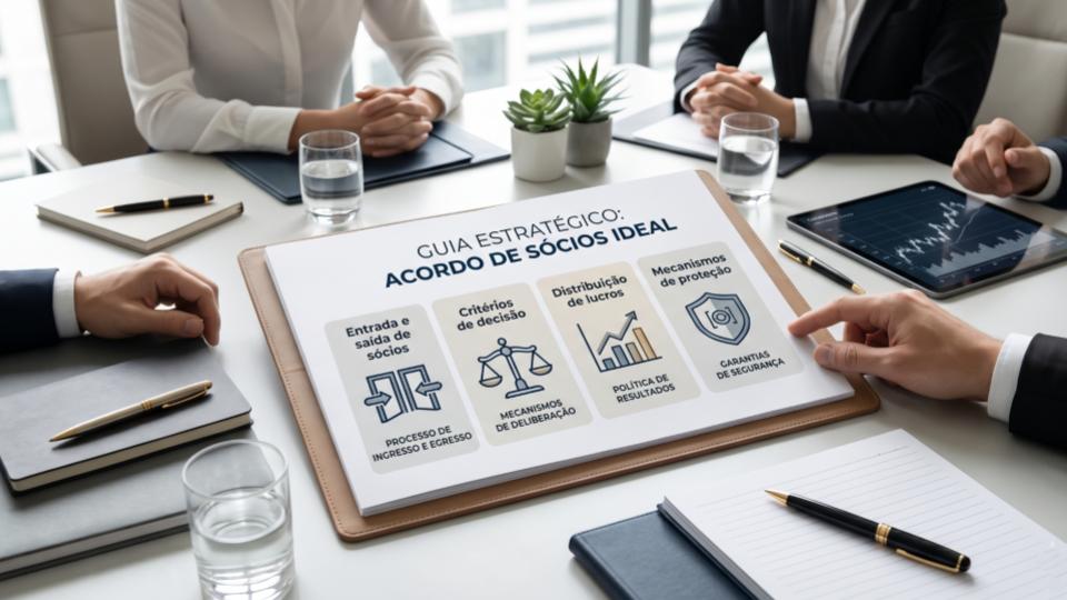 Esta imagem retrata uma reunião corporativa estratégica, com foco em um documento central que detalha as diretrizes para um contrato de sociedade. A composição é profissional e organizada, típica de um ambiente jurídico ou de consultoria de alto nível.