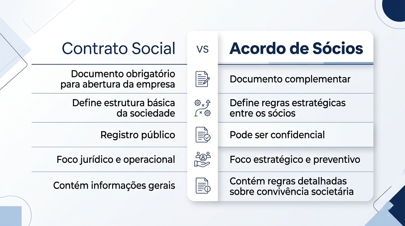 Arte corporativa em formato 16:9 com fundo branco e detalhes em azul-marinho, apresentando uma tabela comparativa entre “Contrato Social” e “Acordo de Sócios”. O layout possui design moderno, sofisticado e institucional, com tipografia elegante, divisórias minimalistas e ícones relacionados a documentos e governança empresarial. A tabela destaca diferenças como obrigatoriedade, confidencialidade, foco estratégico e regras societárias, com maior destaque visual para a coluna “Acordo de Sócios”.