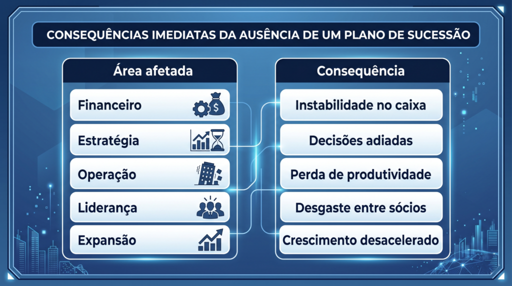 Esta imagem é um infográfico corporativo, complementar à anterior, que detalha as "Consequências imediatas da ausência de um plano de sucessão", mas desta vez focando especificamente em como diferentes departamentos da empresa são atingidos.
