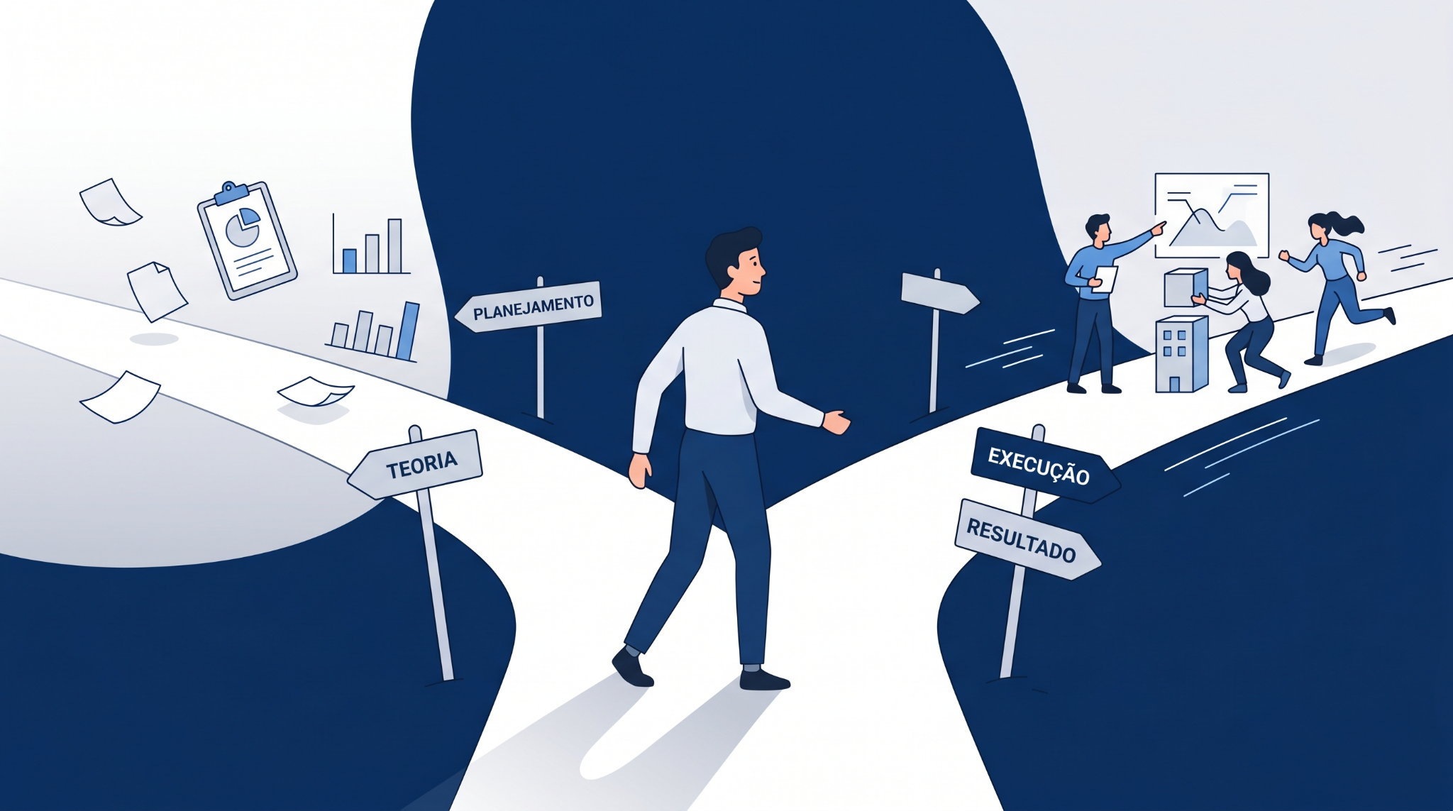 Ilustração em estilo minimalista de empresário diante de dois caminhos, escolhendo o lado da execução e resultados em vez de teoria e planejamento, simbolizando decisão estratégica nas empresas