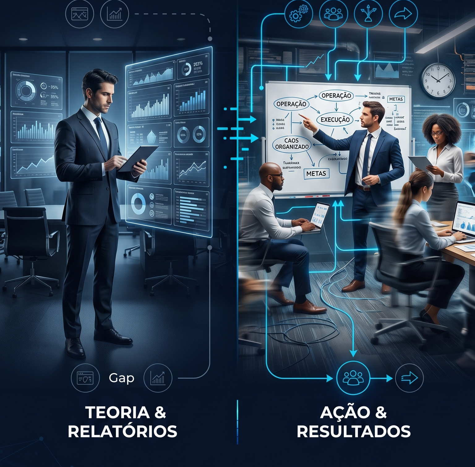 Ilustração corporativa em azul marinho mostrando contraste entre consultoria tradicional focada em relatórios e a realidade operacional da empresa, destacando a desconexão entre estratégia e execução