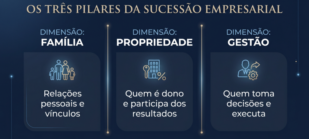 Infográfico em formato 16:9 com fundo azul marinho, apresentando três blocos organizados: “Família” (relações pessoais e vínculos), “Propriedade” (quem é dono e participa dos resultados) e “Gestão” (quem toma decisões e executa), com design corporativo, tipografia clara e ícones minimalistas representando cada dimensão.