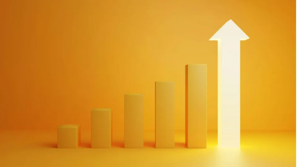 Uma ilustração conceitual em 3D, com estilo limpo, minimalista e de forte impacto visual, perfeita para representar crescimento de mercado, metas atingidas e sucesso corporativo.
