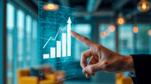 A imagem possui uma forte estética futurista e corporativa, sendo ideal para representar conceitos como inovação tecnológica, crescimento financeiro, metas alcançadas e análise de dados