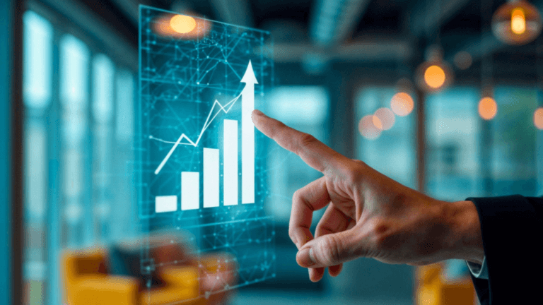 A imagem possui uma forte estética futurista e corporativa, sendo ideal para representar conceitos como inovação tecnológica, crescimento financeiro, metas alcançadas e análise de dados