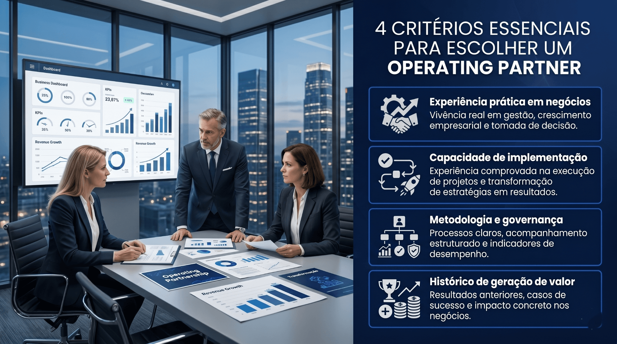 Executivos analisam indicadores, relatórios e gráficos de desempenho em uma reunião estratégica. Ao lado, um framework destaca quatro critérios para escolher um Operating Partner: experiência prática em negócios, capacidade de implementação, metodologia e governança e histórico de geração de valor. A imagem representa tomada de decisão, crescimento empresarial e gestão estratégica.
