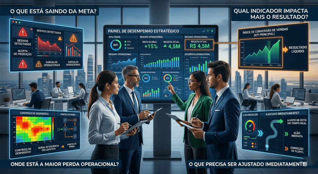 ashboard de gestão à vista com diversos indicadores de desempenho (KPIs) exibidos em tela, simbolizando o monitoramento contínuo da performance operacional e a tomada de decisão baseada em dados.