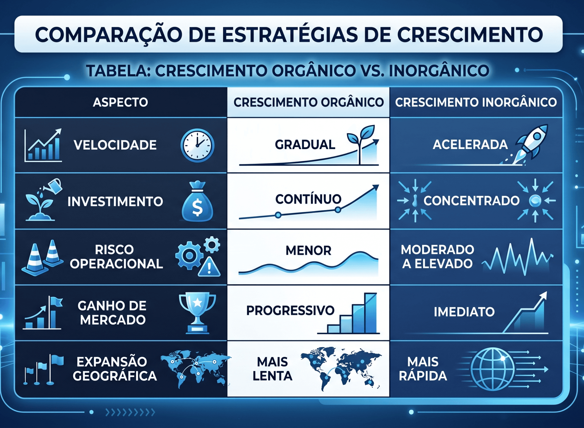 Tabela comparando crescimento orgânico e crescimento inorgânico. O crescimento orgânico apresenta expansão gradual, investimento contínuo, menor risco operacional, ganho de mercado progressivo e expansão geográfica mais lenta. Já o crescimento inorgânico oferece expansão acelerada, investimento concentrado, risco operacional moderado a elevado, ganho de mercado imediato e expansão geográfica mais rápida por meio de aquisições e fusões.