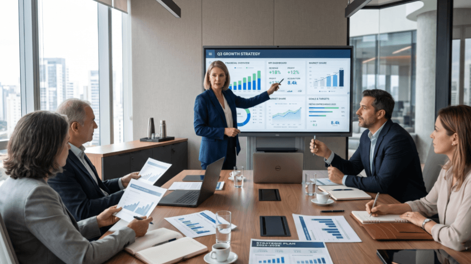 Executivos reunidos em uma sala de reuniões analisando gráficos, indicadores e documentos de planejamento estratégico para alinhar decisões e resultados financeiros da empresa.