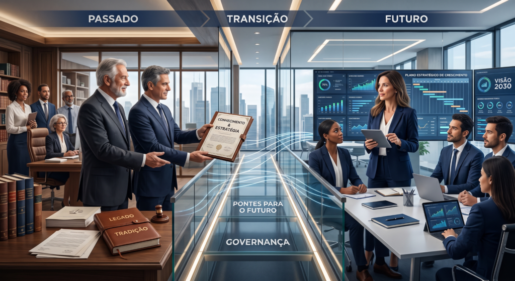 Sucessão empresarial em empresa familiar representada pela passagem de liderança do fundador para a segunda geração, unindo legado, inovação, governança e crescimento sustentável