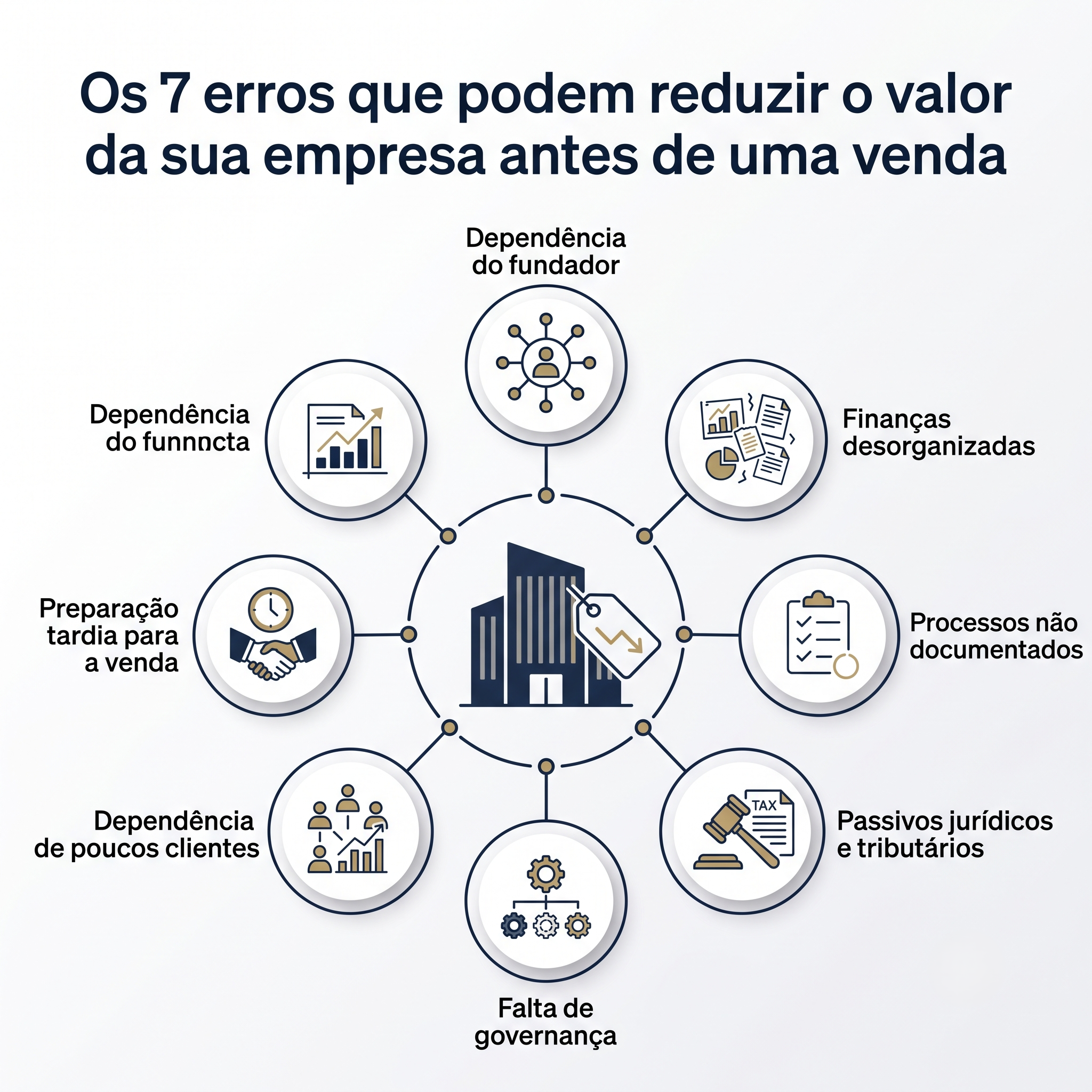 Infográfico corporativo intitulado "Os 7 erros que podem reduzir o valor da sua empresa antes de uma venda". 