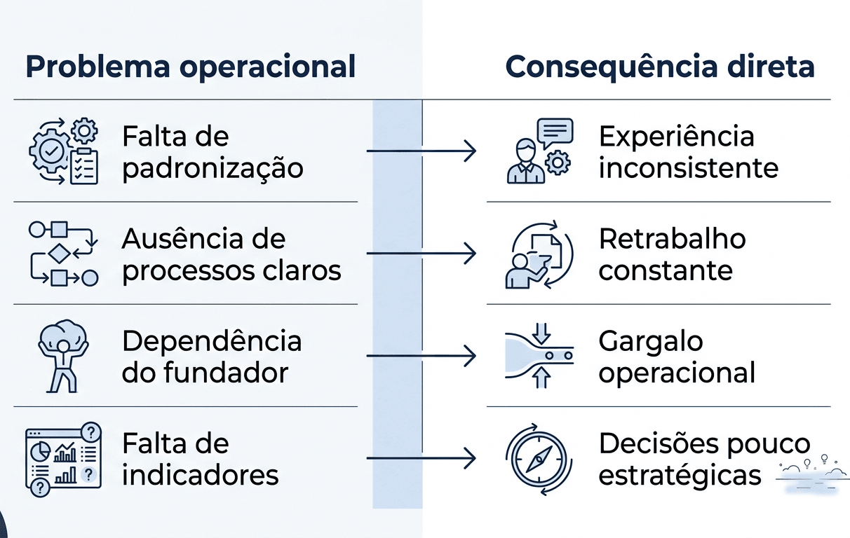 Tabela corporativa em design moderno nas cores branco e azul marinho mostrando problemas operacionais em franquias e suas consequências diretas, incluindo falta de padronização, ausência de processos claros, dependência do fundador e falta de indicadores.