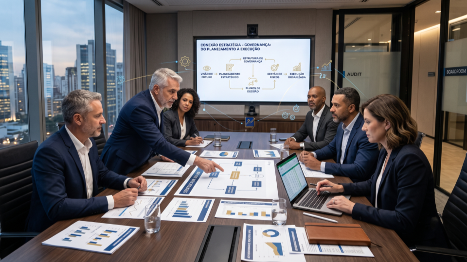 Equipe de executivos analisando planejamento estratégico e governança empresarial em uma reunião, com gráficos, indicadores e elementos visuais de tomada de decisão que representam a estrutura necessária para transformar estratégias em crescimento sustentável.