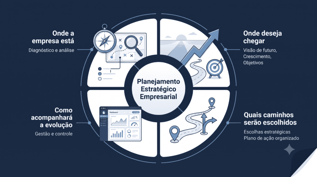 Infográfico de planejamento estratégico empresarial com quatro pilares conectados: análise do cenário atual, definição de objetivos futuros, escolha de caminhos estratégicos e acompanhamento de evolução por indicadores, em design corporativo azul-marinho e branco.
