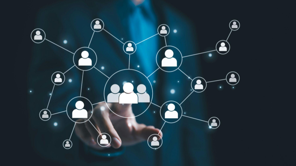 Representação conceitual de rede de contatos, networking ou gestão de pessoas (HR tech).